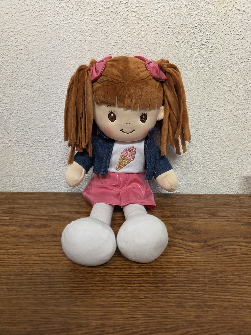 Plush Girl Doll with Pink Skirt and Brown Yarn Hair - Soft Cuddly Toy